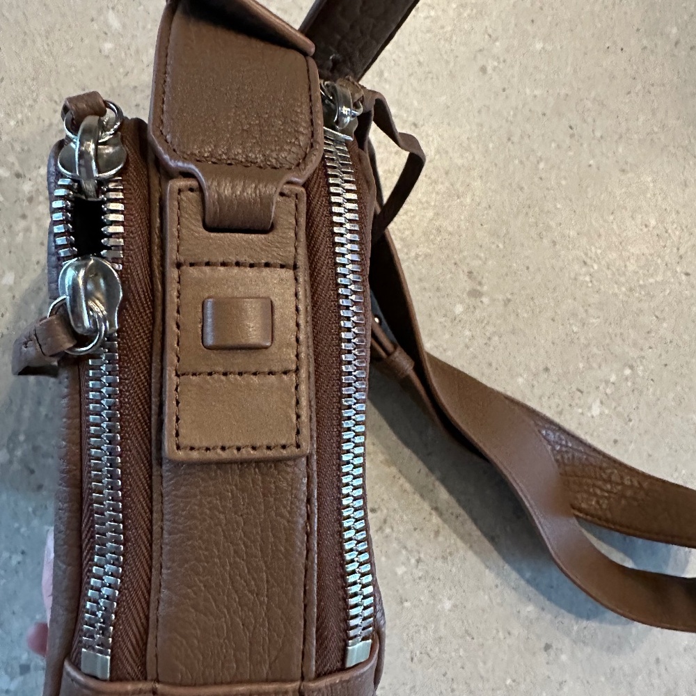 ALL SAINTS VINCENT PEBBLED LEATHER DOUBLE ZIP CROSSBODY HANDBAG BROWN TAN GUC - Picture 8 of 15